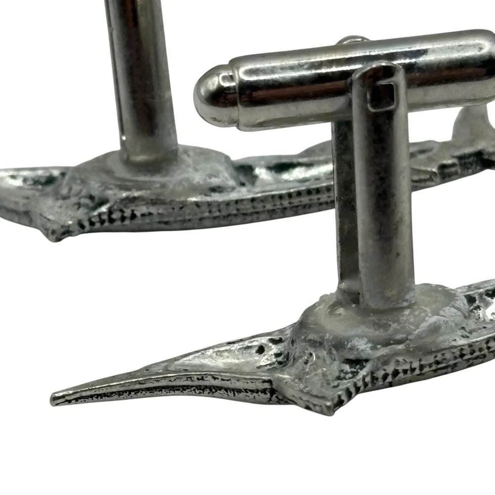 Swordfish Cufflinks Mid Century Silver‎ Tone Marlin Fish Ocean VTG Fishing READ